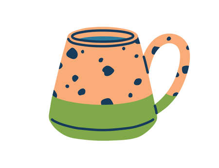 Modern tea cup. Ceramic coffee mug with handle. Cute teacup in doodle style. Stylish trendy drink crockery with dots, spots. Colored flat vector illustration isolated on white backgroundのイラスト素材