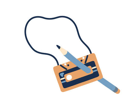 Cassette with pencil in its hole for spinning audio record, magnetic black tape. Retro stereo cassete and pen for spool rewinding. Colored flat vector illustration isolated on white backgroundのイラスト素材