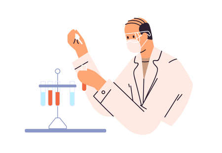 Scientist with glass test tubes with blood and plasma samples. Man at medical research and analysis in laboratory. Scientific lab researcher. Flat vector illustration isolated on white backgroundのイラスト素材