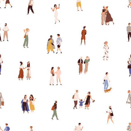 Seamless pattern with people walking on city street. Endless repeating background with crowd of different men and women outdoors. Society texture design. Colored flat vector illustration for printing.のイラスト素材
