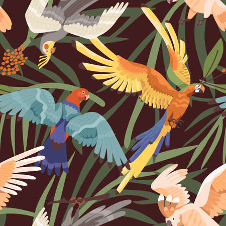 Seamless tropical pattern with parrots in jungles. Endless background with exotic birds and palm leaves. Repeatable Hawaiian print with aras and macaws. Colored flat vector illustration for fabric.のイラスト素材