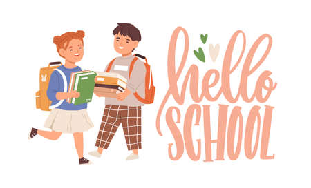 Happy elementary children with books and bags. Hello School lettering and smiling girl and boy, first graders. Couple of junior pupil. Colored flat vector illustration isolated on white background.のイラスト素材