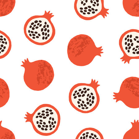Doodle pomegranate pattern. Seamless white background with simple garnets fruits. Endless repeating texture for printing and decoration. Printable flat vector illustration for fabric and decor.のイラスト素材