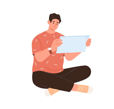 Man with tablet PC in hands, use internet and surf online. Happy person playing game with device. Student using social networks with gadget. Flat vector illustration isolated on white backgroundのイラスト素材