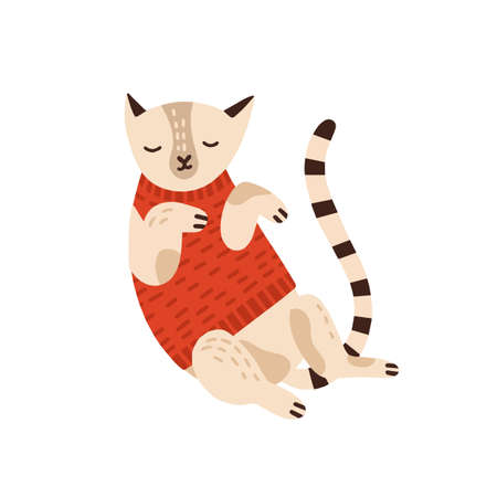 Cute cat in warm sweater flat vector illustration. Sleepy kitty wearing cozy autumn clothes stylized design element isolated on white. Cartoon adorable pet animal sticker, t shirt print drawingのイラスト素材