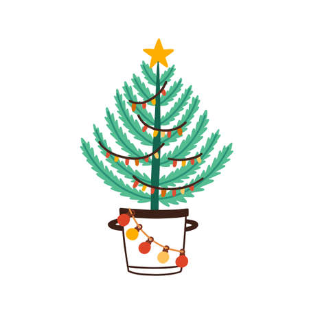 Christmas tree in bucket flat vector illustration. New Year pine decorated with garlands and balls isolated on white background. Winter holidays festive fir tree. Baubles hanging on branchesのイラスト素材