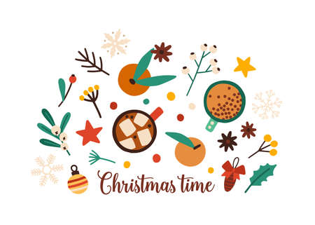 Christmas time festive decorations flat vector set. Winter stickers isolated on white background. Cups with hot chocolate top view. New Year decor bundle. Mistletoe and holly branches design elementsのイラスト素材