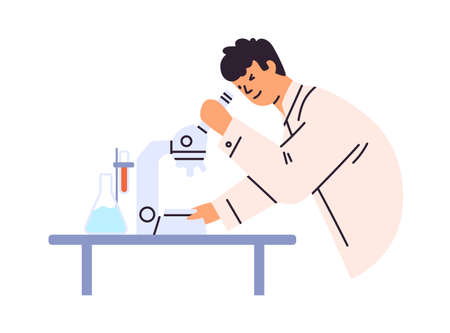 Scientist with microscope at lab research. Doctor with equipment during medical laboratory analysis, science test. Medicine discovery concept. Flat vector illustration isolated on white backgroundのイラスト素材