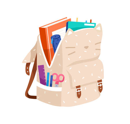 Open schoolbag packed with school stationery. Bag with books, pens in pocket. Backpack with supplies. Kitty-shaped knapsack with ears. Colored flat vector illustration isolated on white backgroundのイラスト素材