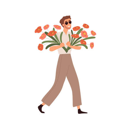 Happy man walking with bunch of flowers in hands. Smiling guy in sunglasses holding great floral bouquets with many spring gorgeous blooms. Flat vector illustration isolated on white backgroundのイラスト素材