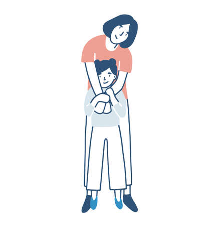 Smiling mother and daughter warmly hugging or cuddling. Mom standing behind child girl and embracing her. Happy loving family. Cute pretty female cartoon characters. Colored vector illustrationのイラスト素材