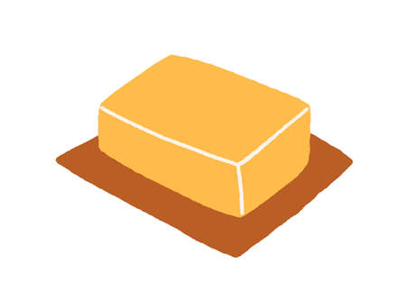 Whole butter block on wood board. Buttery food bar. Fat margarine, creamy dairy product drawn in doodle style. Flat vector illustration isolated on white backgroundのイラスト素材