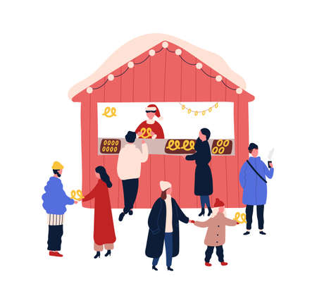 Christmas fair stall flat vector illustration. Winter season holidays festival. Children and adults buying pastry isolated design element. Baked cookies outdoor market kiosk on white backgroundのイラスト素材