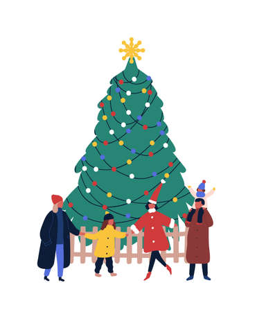 Christmas holiday outdoor celebration flat vector illustration. Children and adults holding hands, gathering around festive fir tree together. Winter season, New Year festive event isolated on whiteのイラスト素材