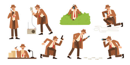 Bundle of detective with mustache looking through magnifying glass, sneaking, spying, solving crime, photographing. Male cartoon character isolated on white background. Flat vector illustration.のイラスト素材