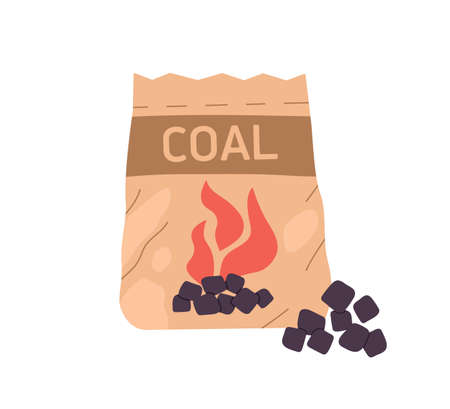 Charcoal in paper bag. Pack of BBQ coal pieces for fire and cooking with barbecue grill. Barbeque carbons package. Colored flat vector illustration isolated on white backgroundのイラスト素材