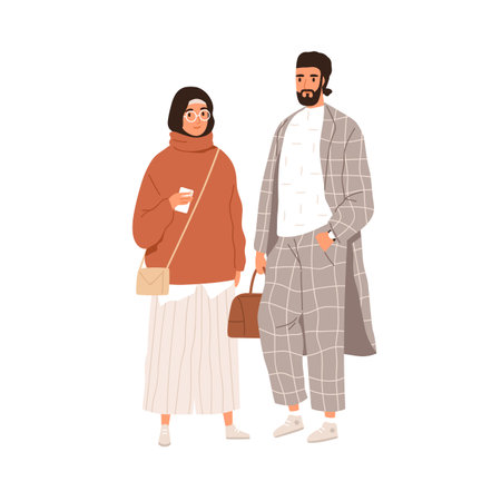 Arab Muslim couple of modern man and woman. Portrait of Arabian female in hijab and loose casual clothes and male in fashion suit. Islamic people. Flat vector illustration isolated on white background.のイラスト素材