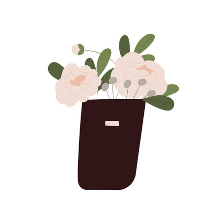 Blossomed cut flowers in bucket. Fresh lush peony in vase. Blooming floral plant and leaf. Elegant spring buds with lovely gorgeous petals. Flat vector illustration isolated on white backgroundのイラスト素材