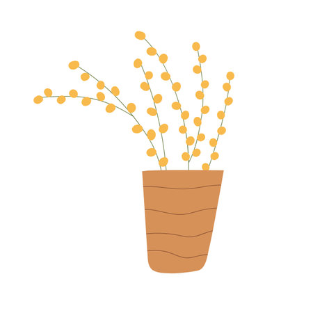 House plant with yellow berries and flowers in pot. Houseplant growing in flowerpot. Interior decoration in wicker basket. Colored flat vector illustration isolated on white backgroundのイラスト素材