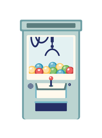 Arcade game machine flat vector illustration. Claw machine with colorful balls toys isolated on white background. Device for kids entertainment. Amusement for children, winning prizeのイラスト素材