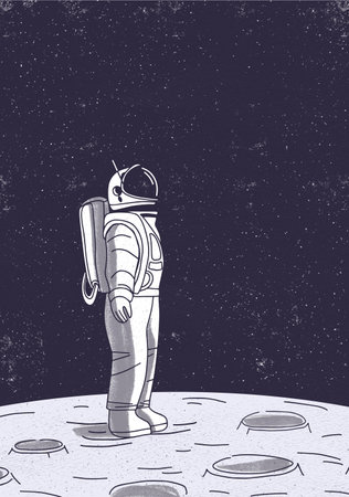 Astronaut on Moon surface vector illustration. Cosmonaut in outer space cartoon character. Interstellar travel, Universe studying, space exploration. Planet gravitation, gravity forceのイラスト素材
