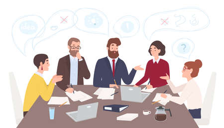 Men and women dressed in business clothes sitting at table and discussing ideas, exchanging information, solving problems. Brainstorm or group discussion. Cartoon vector illustration in flat styleのイラスト素材