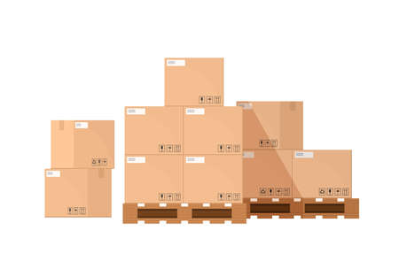 Pile or stack of cardboard or carton boxes on wooden pallet isolated on white background. Goods packaged for warehouse storage, cargo shipping or delivery. Flat cartoon colorful vector illustrationのイラスト素材