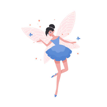 Gorgeous flying fairy or ballerina in elegant dress and with butterfly wings isolated on white background. Fairytale creature, magical character from folklore. Flat cartoon vector illustrationのイラスト素材