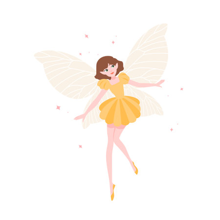 Cute funny fairy or flying elf in elegant dress with butterfly wings isolated on white background. Mythological creature, magical character from fairytales, legends. Flat cartoon vector illustrationのイラスト素材