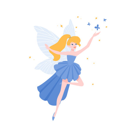 Flying fairy in gorgeous elegant gown isolated on white background. Mythological or folkloric winged magical creature, legendary or fairytale character. Flat cartoon colorful vector illustrationのイラスト素材