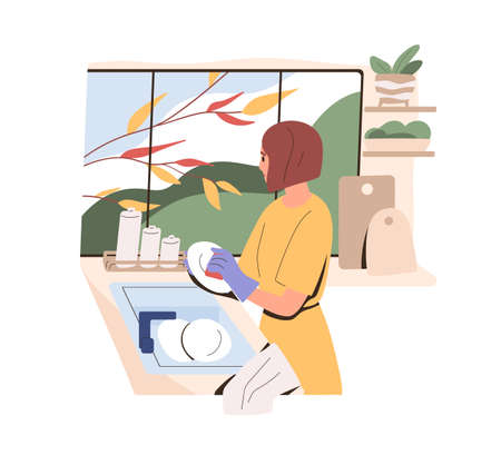 Woman washing dishes with hands at home kitchen. Person cleaning plates at sink in house. Housewife looking out of window during housework. Flat vector illustration isolated on white backgroundのイラスト素材