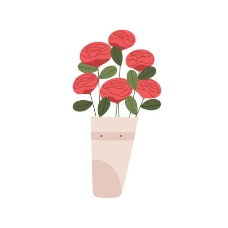 Fresh roses in vase. Flower bouquet with blossomed gorgeous buds. Cut blooms of floral plant. Elegant lush bunch with leaves. Romantic gift. Flat vector illustration isolated on white backgroundのイラスト素材
