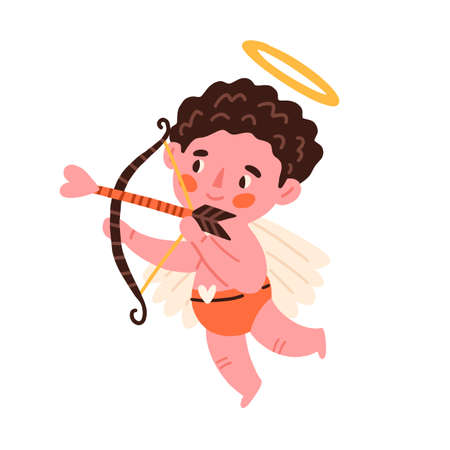 Cupid angel with heart arrows for valentines. Love cherub, cute baby with bow, wings and halo. Saint boy archery. Little kid with nimbus. Colored flat vector illustration isolated on white backgroundのイラスト素材