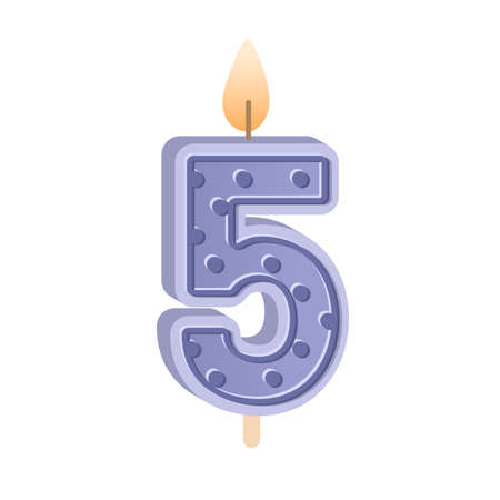 5 shaped birthday candle for 5th year anniversary. Wax number five with light for bday holiday cake for fifth age party with glowing candlewick. Flat vector illustration isolated on white backgroundのイラスト素材