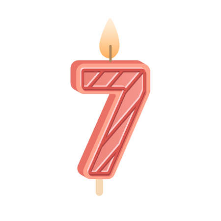 Number-shaped candle for age of 7 birthday. Wax decoration for 7th year anniversary. Bday cake decor with glowing flame. Burning candlelight. Flat vector illustration isolated on white backgroundのイラスト素材
