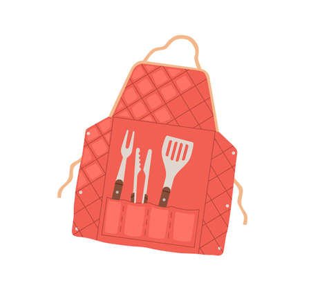 Butchers apron with grilling BBQ tools in pockets. Barbecue accessories and supplies, metal tongs, fork and spatula for chef cook. Kitchen wearing. Flat vector illustration isolated on whiteのイラスト素材