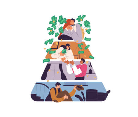 Social inequality of rich and poor concept. Hierarchy of society. Pyramid with people of upper, middle, lower class with different wealth levels. Flat vector illustration isolated on white backgroundのイラスト素材