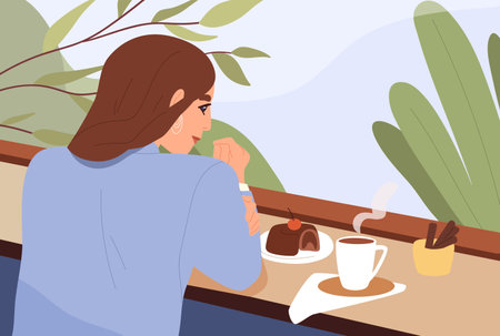 Woman sit by window in cafe. Person with coffee cup and sweet cake on windowsill in cafeteria. Female in coffeehouse alone, tea mug and dessert. Flat vector illustration isolated on white backgroundのイラスト素材