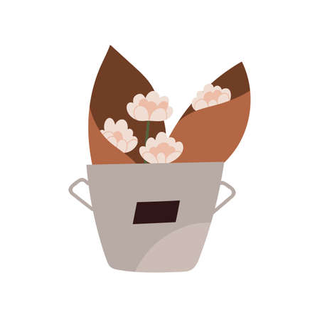Flower bouquet in craft paper wrapping. Floral bunch in metal bucket for sale. Cut fresh blooms in kraft. Delicate pretty spring posy. Flat vector illustration of plant isolated on white backgroundのイラスト素材