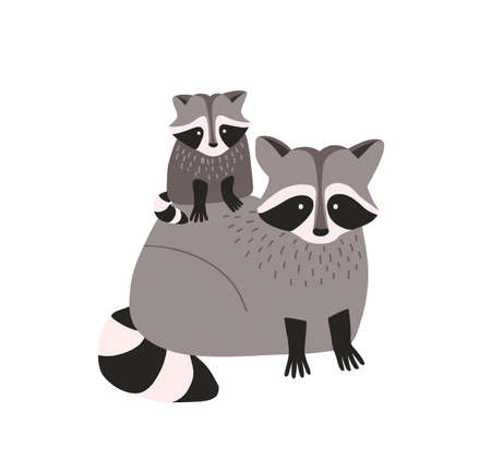 Cute amusing raccoon with cub isolated on white background. Family of funny adorable wild forest carnivorous animals. Parent with baby, mother and child. Flat cartoon colorful vector illustrationのイラスト素材