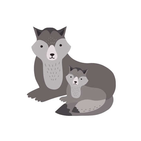 Wolf with pup isolated on white background. Adorable family of cute funny wild forest carnivorous animals. Parent with child, mother and baby or puppy. Flat cartoon childish vector illustrationのイラスト素材