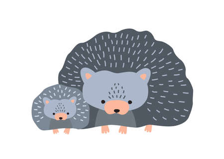 Hedgehog with baby isolated on white background. Cute family of funny wild nocturnal forest animals. Parent with youngling, mother and child or offspring. Flat cartoon colorful vector illustrationのイラスト素材