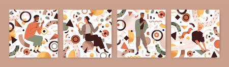 Happy creative and business people with abstract geometric shapes around. Modern creators set. Man and women designers create smth from chaos and geometry figures. Colored flat vector illustrationsのイラスト素材