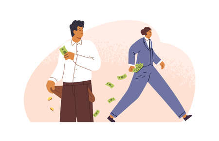Salary gap and social inequality concept. Poor clerk is jealous of rich person with money, comparing...