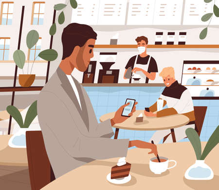Person with mobile phone at coffee shop. Man with smartphone surfing internet, sitting at table in coffeehouse. Cafe visitor use social media and texting with cellphone. Flat vector illustrationのイラスト素材