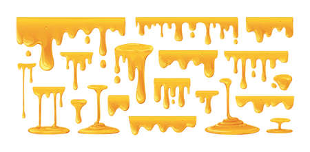 Honey flowing and dripping set. Maple syrup, caramel and sweet sugar sauce melting and leaking. Sticky amber liquids, drops and fluids. Colored flat vector illustrations isolated on white backgroundのイラスト素材