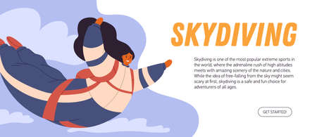 Promotion banner design of skydiving festival. Horizontal ad background template with woman flying with parachute. Web-site header for sky diving sports club. Flat graphic vector illustrationのイラスト素材