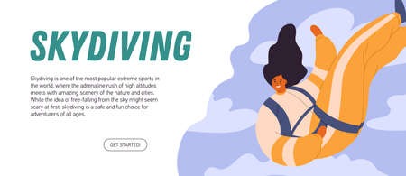 Ad banner template of skydiving club. Promo background design with person during free fall. Web-site header for parachute sports and sky-diving activity promotion. Flat graphic vector illustrationのイラスト素材