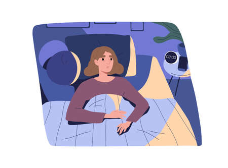 Woman suffering from insomnia in bed, lying at home bedroom at sleepless night. Awake, insomniac and tired person with bad sleep disorder. Concept of sleeplessness problem. Flat vector illustrationのイラスト素材