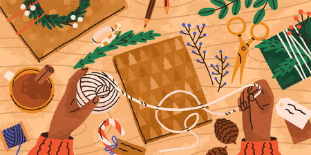 Hands preparing DIY Christmas gift with box in craft paper wrapping, thread, fir branches and eco decor on table. Making and decorating modern Xmas present, top view. Colored flat vector illustrationのイラスト素材
